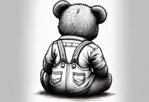 the back of a standing teddy bear in overalls tattoo idea
