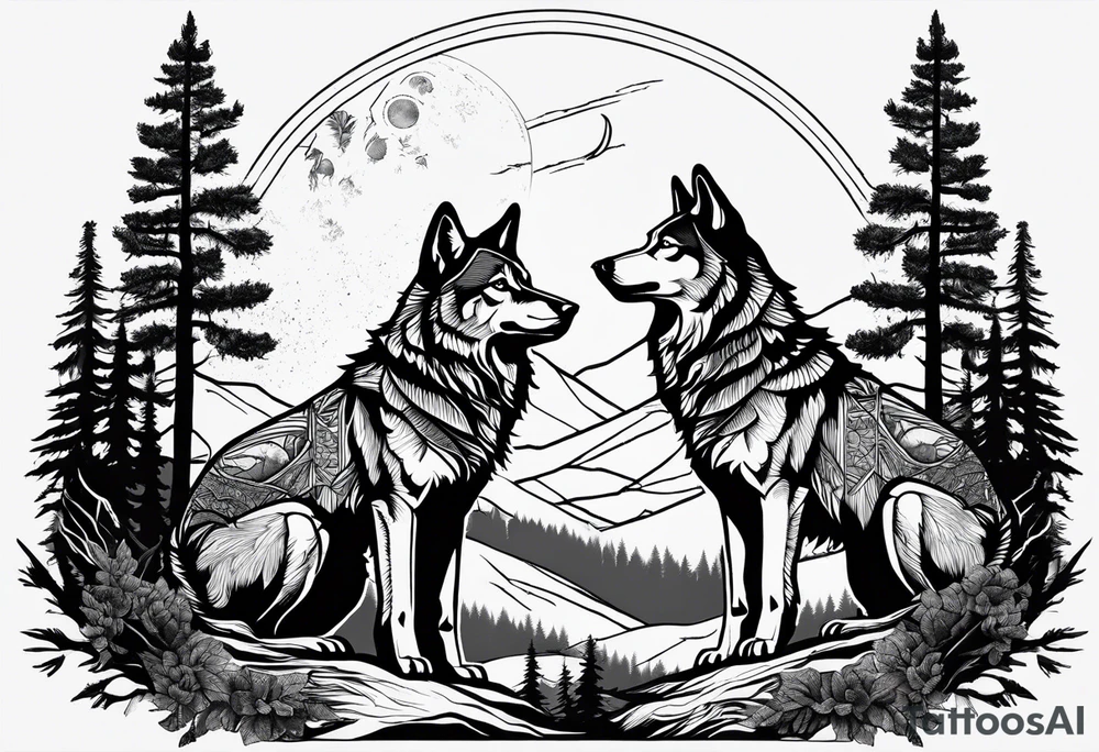 Mountain peaks
Two wolves sitting at end of trail
Moon
Dark woods tattoo idea