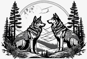 Mountain peaks
Two wolves sitting at end of trail
Moon
Dark woods tattoo idea