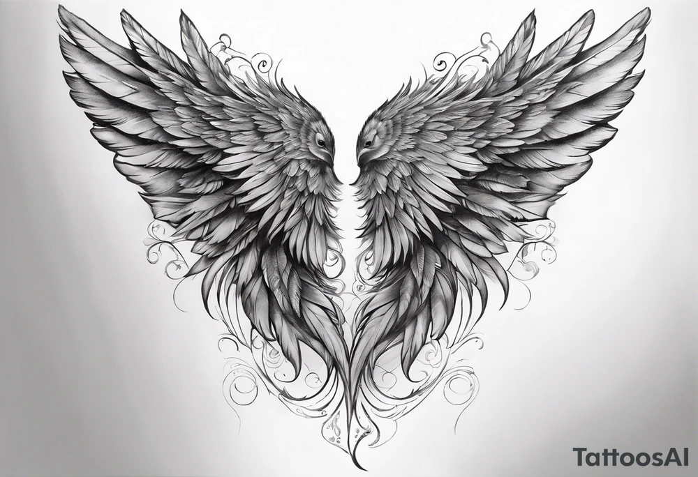 wings extending from the shoulders, covering the upper arms and upper back. The feathers are intricately detailed, with soft shading in black and gray to create depth and texture. The wings gently converge in the middle of the back, forming a harmonious and cohesive design. tattoo idea