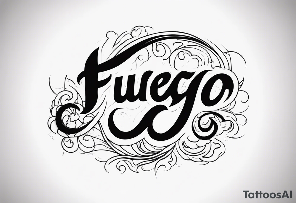 The word “fuego” in cursive inside fire and fades out tattoo idea