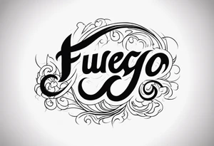 The word “fuego” in cursive inside fire and fades out tattoo idea