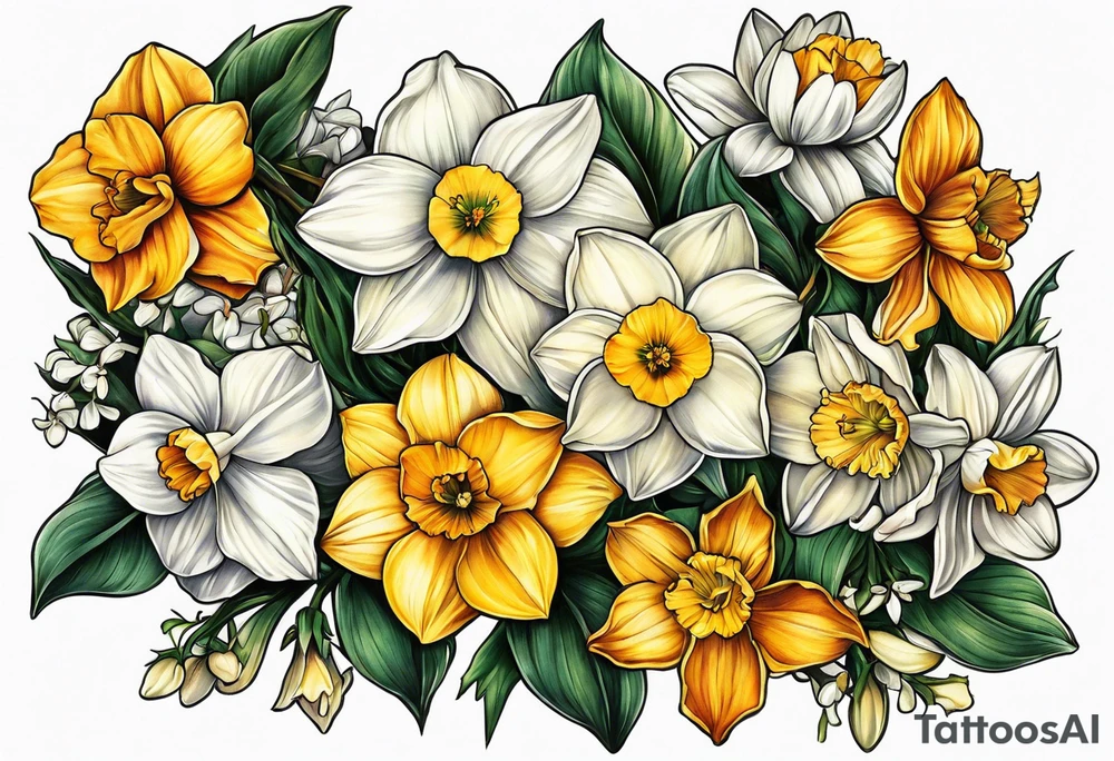 Narcissus,holly,marigold,daffodil, cosmos left arm sleeve tattoo idea