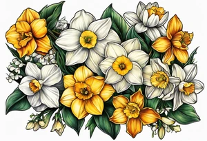 Narcissus,holly,marigold,daffodil, cosmos left arm sleeve tattoo idea