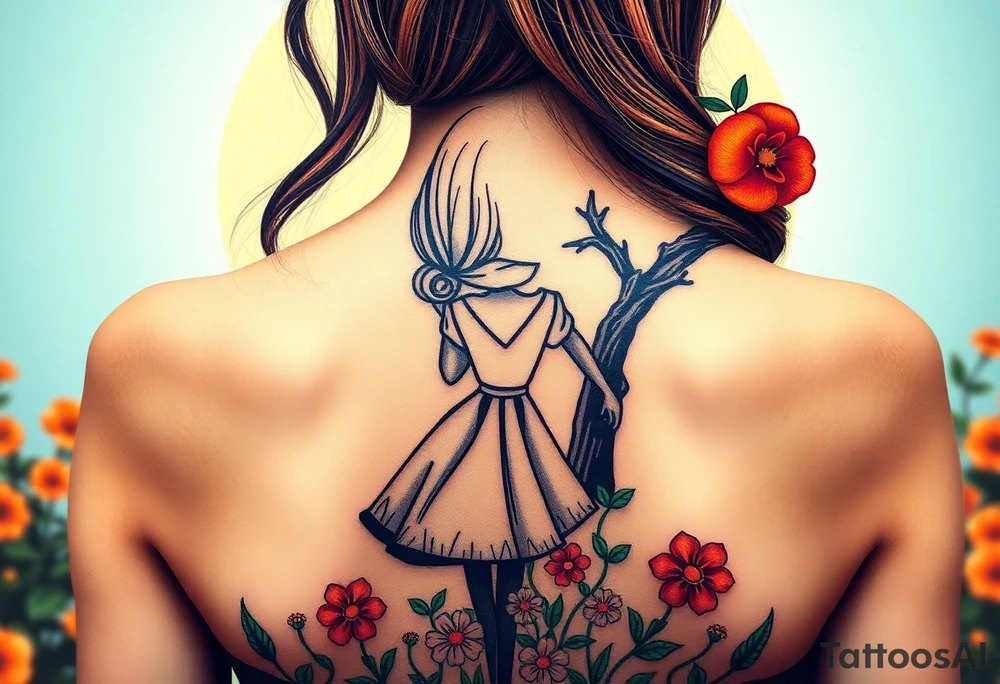 Alice's back silhouette entering a garden. There is a orange tree, and flowers there. tattoo idea