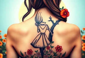 Alice's back silhouette entering a garden. There is a orange tree, and flowers there. tattoo idea