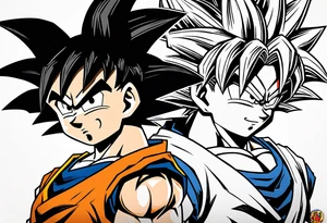 little Son-Goku in the foreground and an older version of him as a super sayin behind him tattoo idea