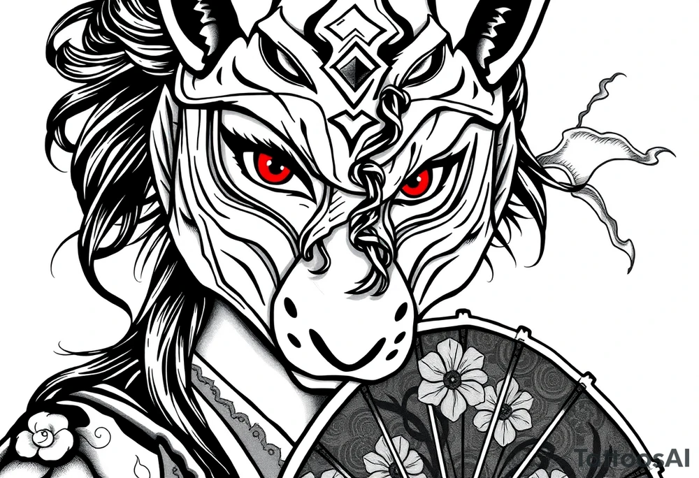 Woman samurai with red eyes, wearing an half and broken fox mask, wearing a japanese fan with irises. tattoo idea