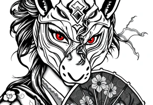 Woman samurai with red eyes, wearing an half and broken fox mask, wearing a japanese fan with irises. tattoo idea