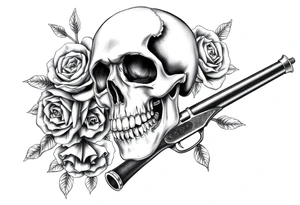 Dark realism skull, wilting roses, smoldering cigar, and antique crossed flintlocks. tattoo idea