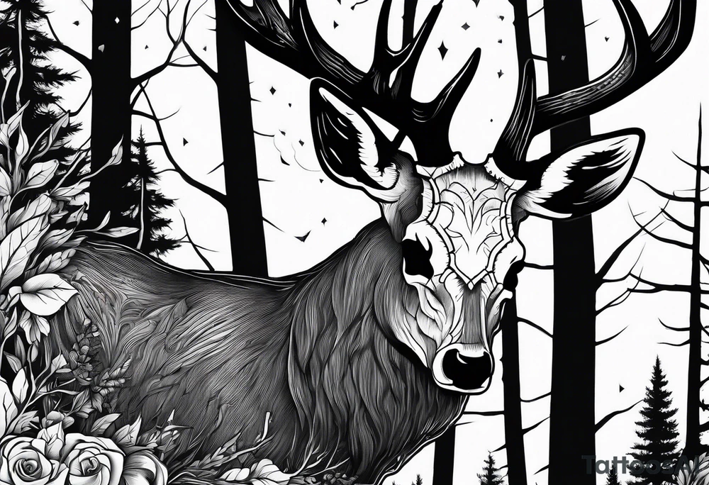 A SCARY side view of a decayed deer skull NO SKIN JUST BONE surrounded by a forest fire in background tattoo idea