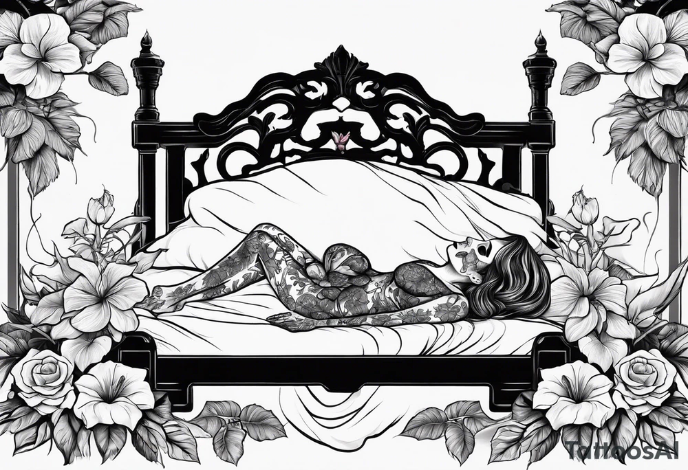 a  female skeleton of bones laying in a bed surrounded by hibiscus flower. tattoo idea