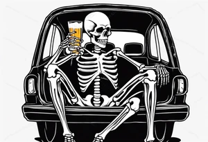 A skeleton sitting in a car drinking a beer tattoo idea