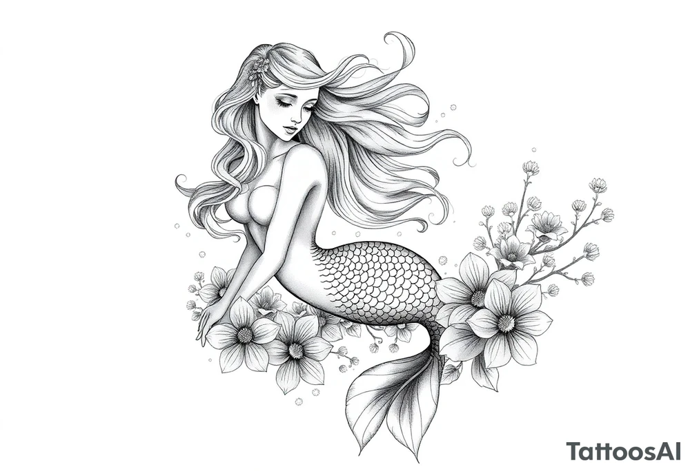 ethereal mermaid with flowing hair among coral and sea flowers tattoo idea