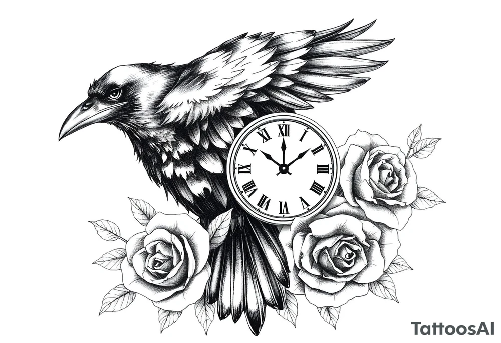 raven,roses,clock. tattoo idea