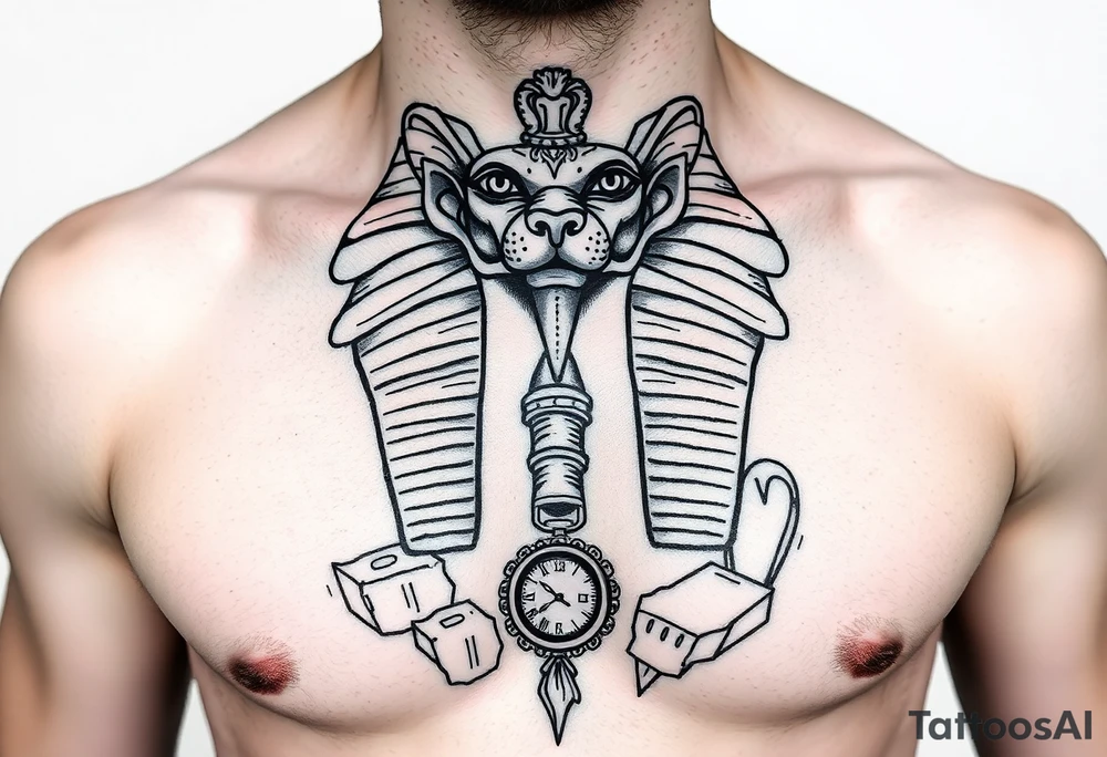 6. Esfinge descompuesta
Rostro de la Gran Esfinge, pero desmoronándose en bloques de piedra o arena flotante.

Puedes combinarlo con un reloj de arena dentro del pecho. tattoo idea