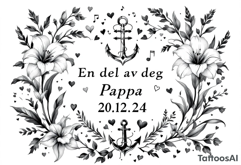 «En del av deg for evig tid
Pappa 20.12.24» Surrounded by long gladiolus, hearts, notes and an anchor tattoo idea