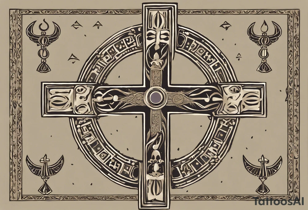 A medieval cross with an assyrian flag in the middle. A crown om top of the cross. The assyrian king Sennacherib. A sun and a moon. A cloud with rain and thunder. charizard. an imperfect cirkle. a candle. a swan. lemons. the god asshur with wings. an ankh. angel wings with a halo. surrounded by olive branches and feathers. tattoo idea