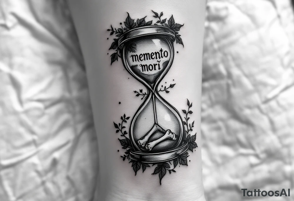 A grayscale hourglass with bones slowly slipping through, framed by dark ivy leaves and "memento mori" in faint white ink across the glass. tattoo idea