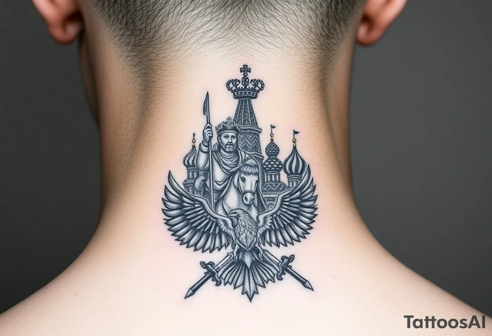 St. George slaying the dragon (hugely common in Russian Orthodox art)
Russian imperial crown above the eagle
Crossed swords or a Russian sabre
The Kremlin or St. Basil's Cathedral scene tattoo idea