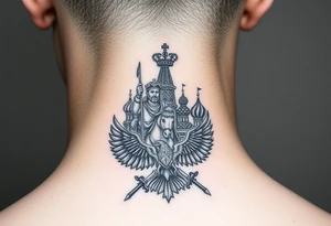St. George slaying the dragon (hugely common in Russian Orthodox art)
Russian imperial crown above the eagle
Crossed swords or a Russian sabre
The Kremlin or St. Basil's Cathedral scene tattoo idea