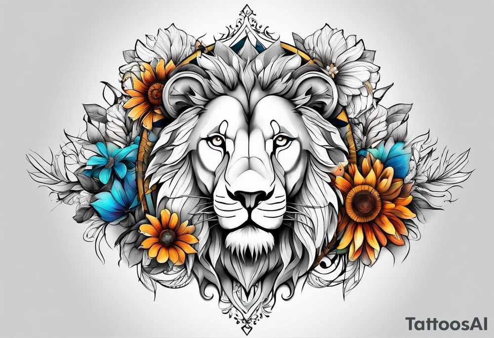 Sleeve tattoo lions head, compass, topete, daisy flower tattoo idea