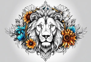 Sleeve tattoo lions head, compass, topete, daisy flower tattoo idea