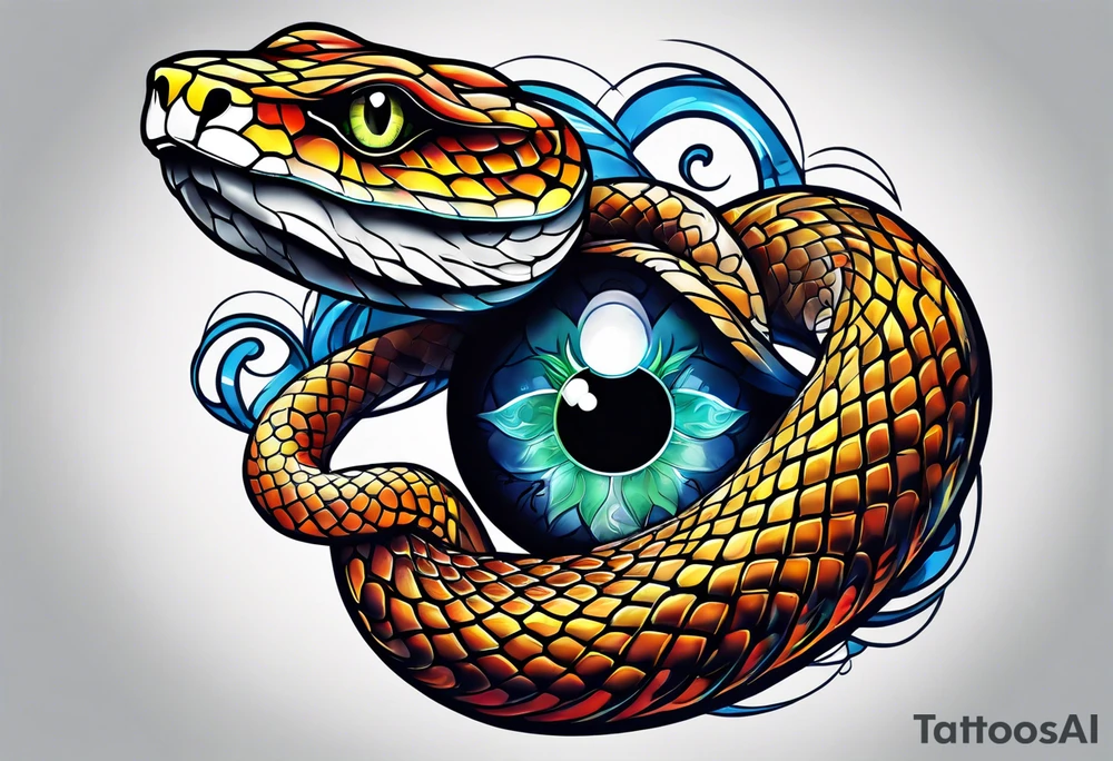 Snake with an evil eye in its mouth tattoo idea