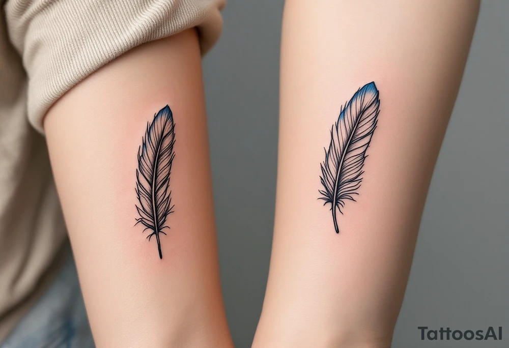 Two matching man and woman black feather tattoos with blue tips. tattoo idea