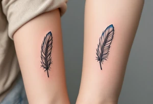 Two matching man and woman black feather tattoos with blue tips. tattoo idea