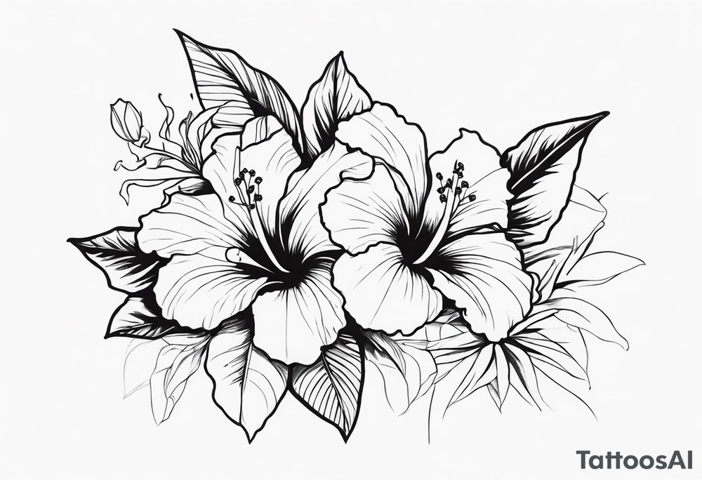 hibiscus and lily flowers in the background with an absent cross overlapping it tattoo idea