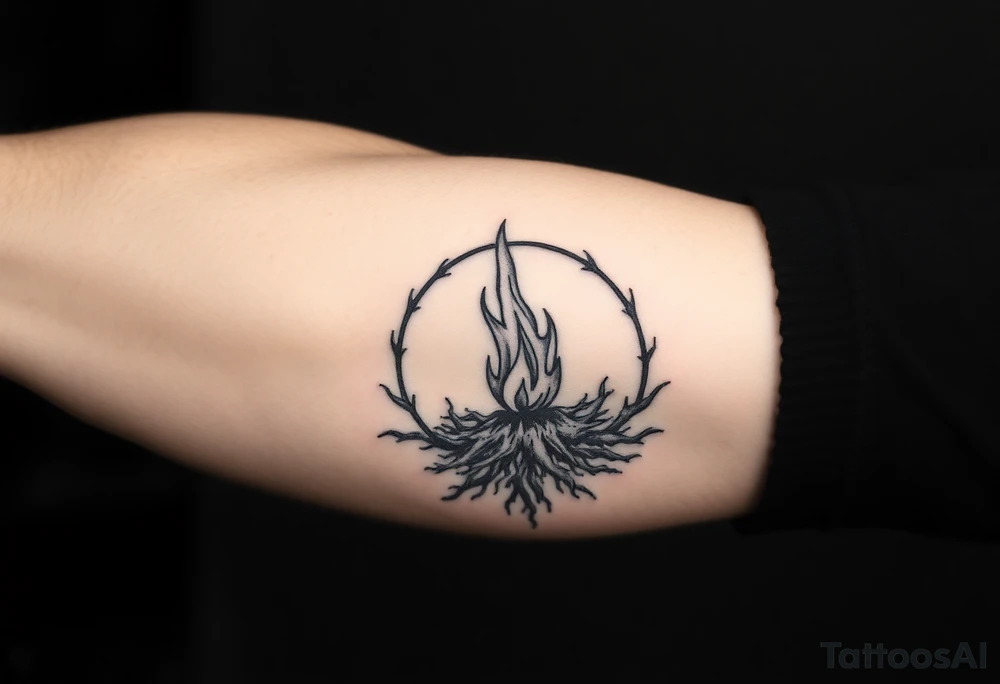 a flame imprisoned in roots circle tattoo idea