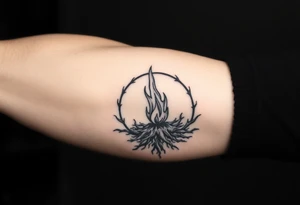 a flame imprisoned in roots circle tattoo idea