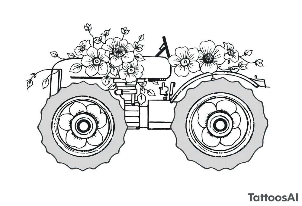 feminine tractor with flowers tattoo idea