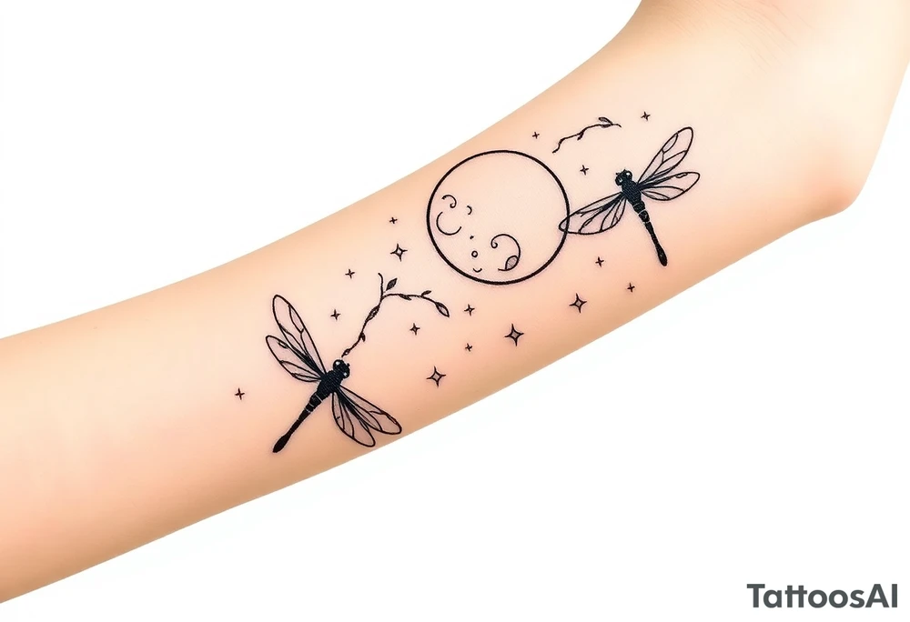 arm, background that contains, vines, dragonflies, stars, celestial moon tattoo idea