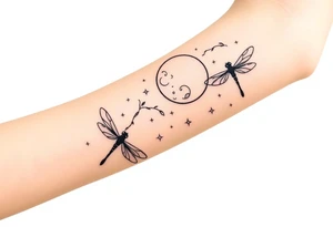 arm, background that contains, vines, dragonflies, stars, celestial moon tattoo idea