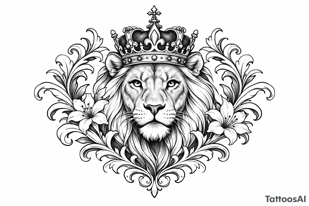 powerful majestic lion with a crown, framed by ornate floral scrollwork tattoo idea