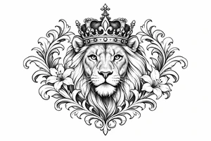 powerful majestic lion with a crown, framed by ornate floral scrollwork tattoo idea