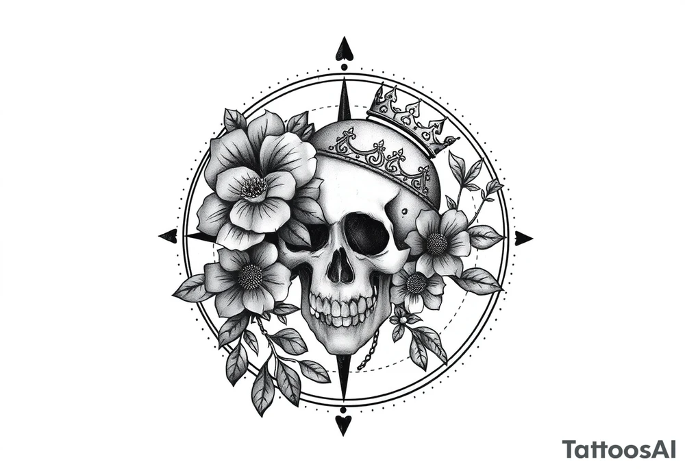 Compass with detailed beautiful gothic boho flowers on vine and skull with gorgeous crown tattoo idea