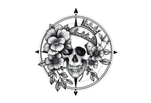Compass with detailed beautiful gothic boho flowers on vine and skull with gorgeous crown tattoo idea