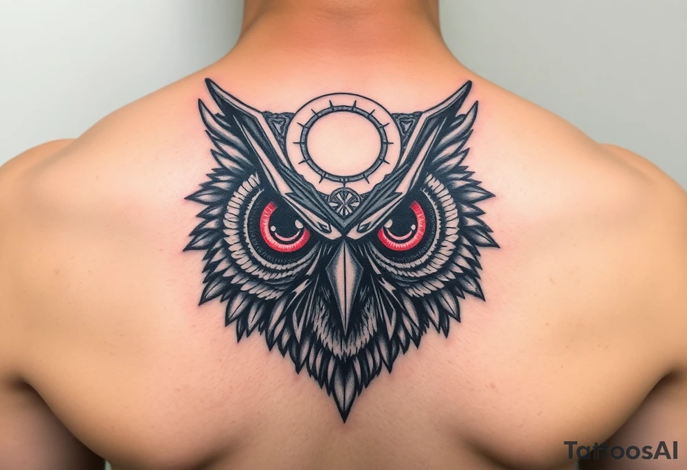 Owl head with large intense tripping on acid colored eyes with cyberpunk style  and geometry and glowing circle on the forhead tattoo idea