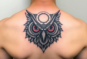 Owl head with large intense tripping on acid colored eyes with cyberpunk style  and geometry and glowing circle on the forhead tattoo idea