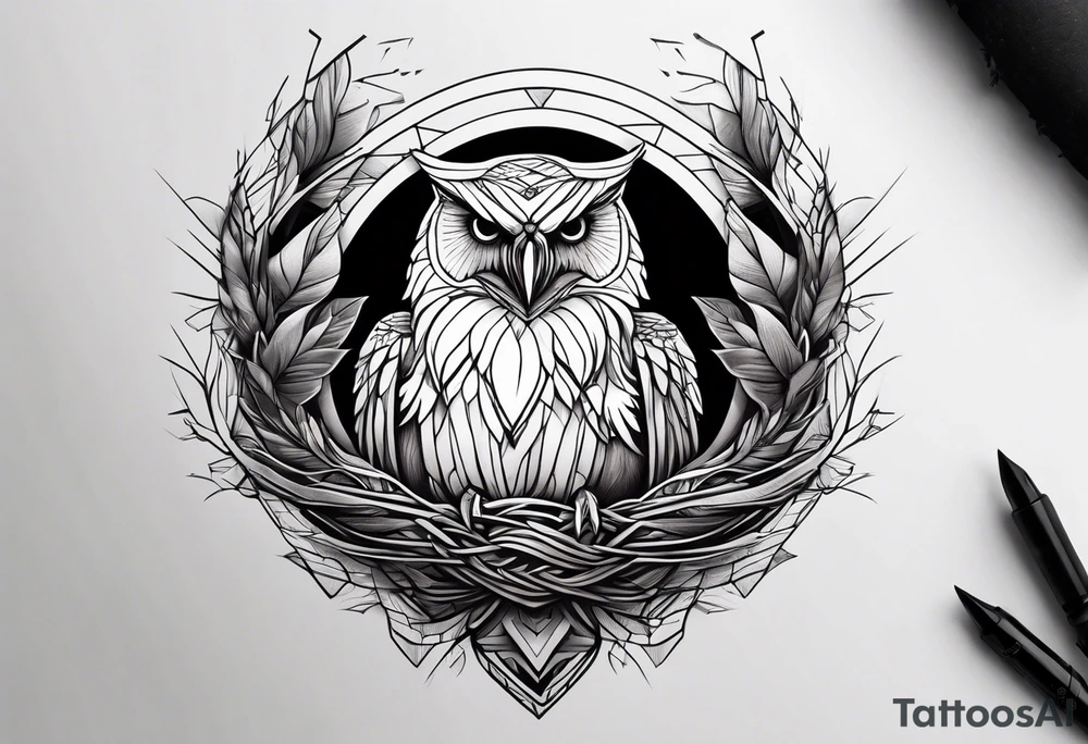 Owl, raven, eagle cuddled in a nest, looking down into the nest tattoo idea