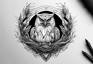 Owl, raven, eagle cuddled in a nest, looking down into the nest tattoo idea