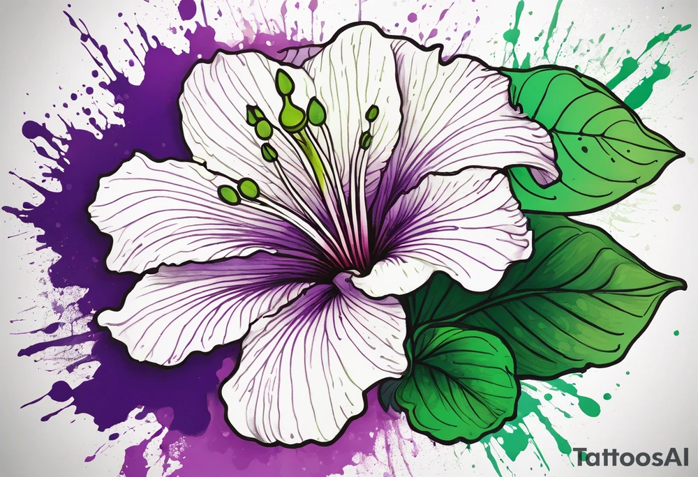 An outline of an only green rio dipladenia flower and a green and purple watercolor splash in the background tattoo idea