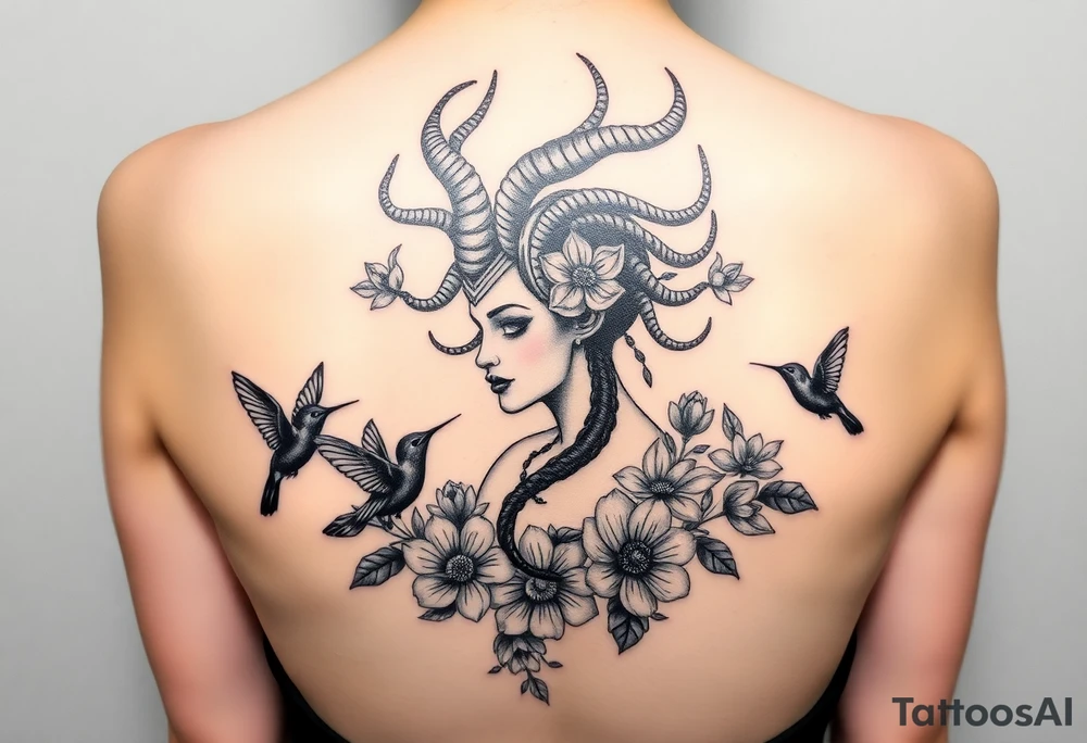 medusa surrounded by hummingbirds and flowers tattoo idea