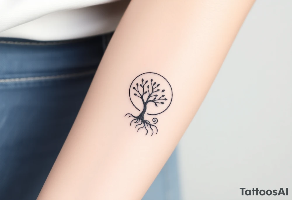 A tree inside of the sun, with little leaves, with an outward spiral line (moving to the right), as its roots, encircling the entire tree tattoo idea