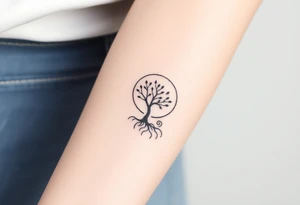 A tree inside of the sun, with little leaves, with an outward spiral line (moving to the right), as its roots, encircling the entire tree tattoo idea