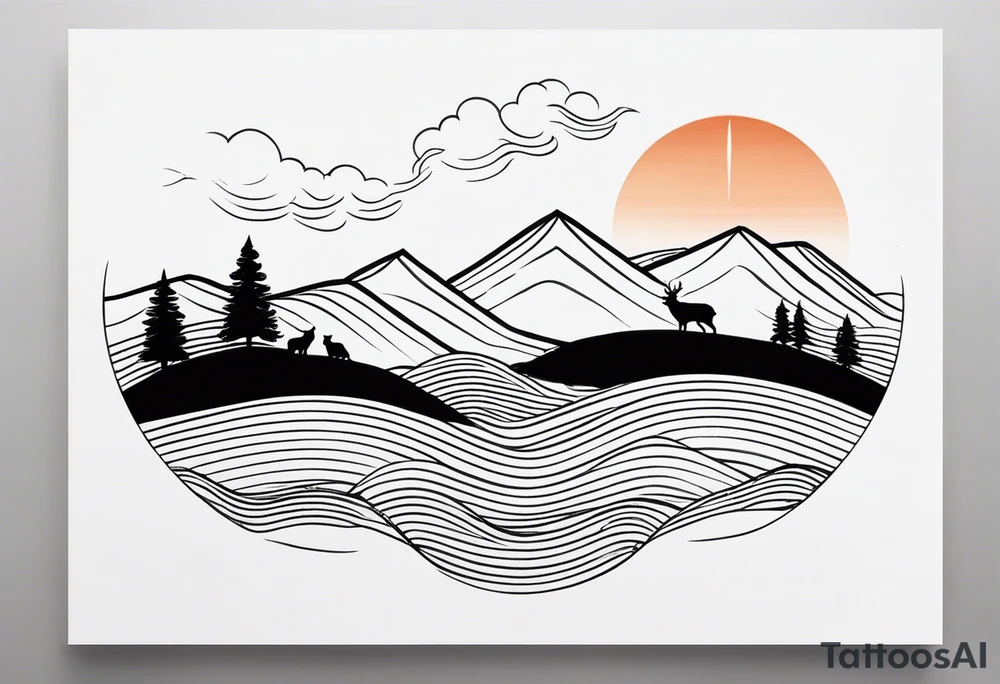 “Generate a minimalist tattoo showcasing a symmetrical scene of rolling hills and a rising sun, with small animals like deer or foxes incorporated into the design. tattoo idea