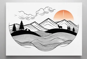 “Generate a minimalist tattoo showcasing a symmetrical scene of rolling hills and a rising sun, with small animals like deer or foxes incorporated into the design. tattoo idea